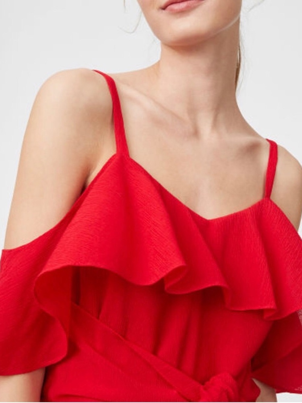 Club Monaco Red Ruffle Cold-Shoulder Top
